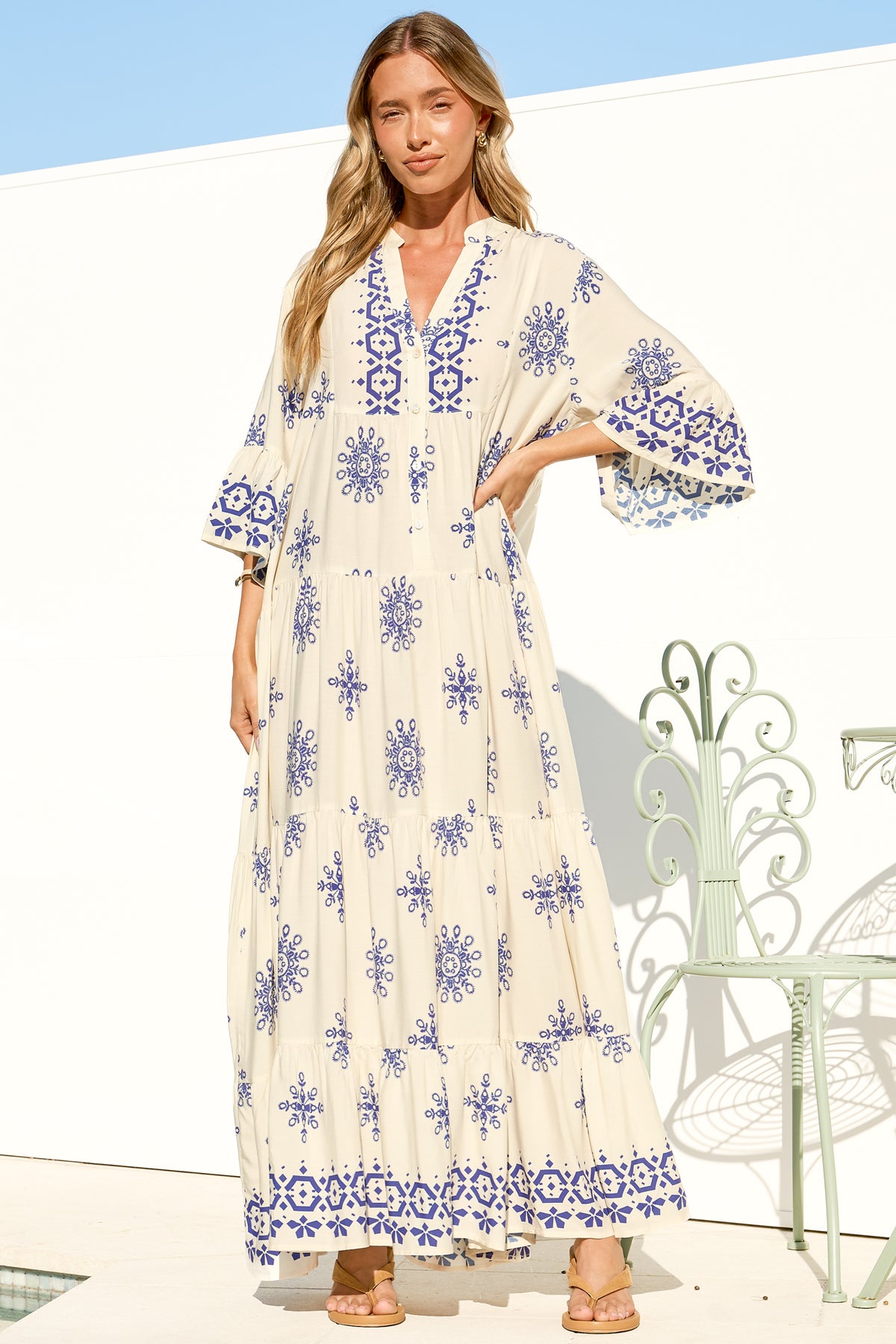 Roux Maxi Dress - Split Neckline Button Placket Tiered Kaftan Dress with Bell Sleeves in Linnea Print Blue