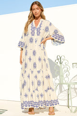 Roux Maxi Dress - Split Neckline Button Placket Tiered Kaftan Dress with Bell Sleeves in Linnea Print Blue