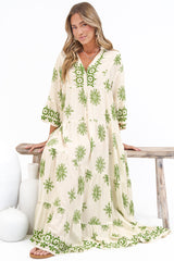 Roux Maxi Dress - Split Neckline Button Placket Tiered Kaftan Dress with Bell Sleeves in Linnea Print Green