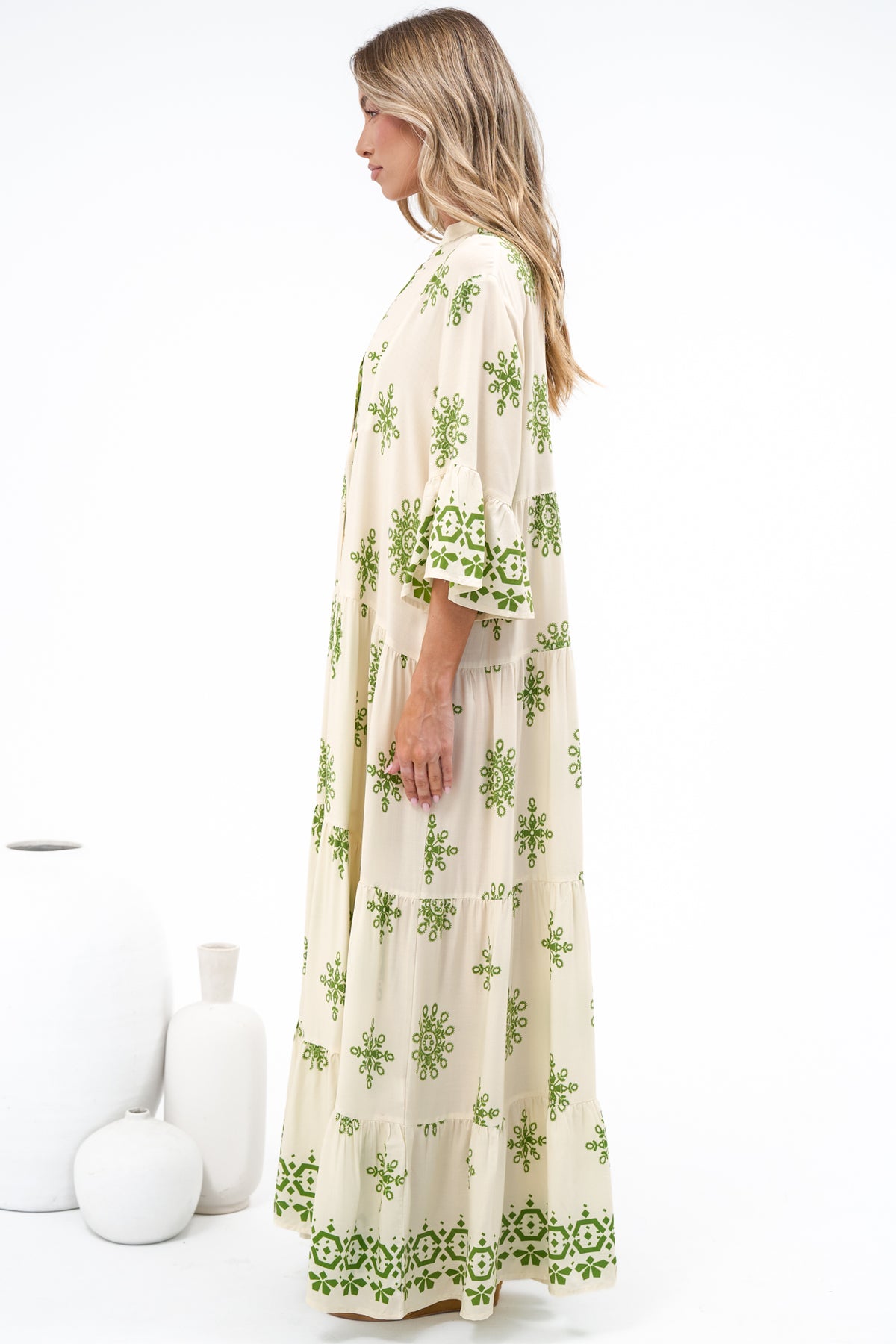 Roux Maxi Dress - Split Neckline Button Placket Tiered Kaftan Dress with Bell Sleeves in Linnea Print Green