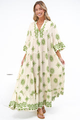 Roux Maxi Dress - Split Neckline Button Placket Tiered Kaftan Dress with Bell Sleeves in Linnea Print Green