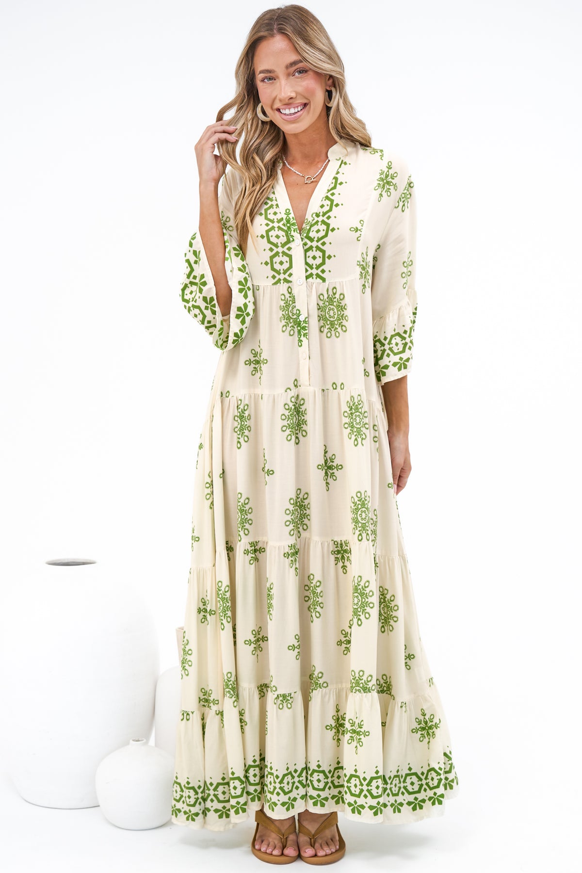 Roux Maxi Dress - Split Neckline Button Placket Tiered Kaftan Dress with Bell Sleeves in Linnea Print Green