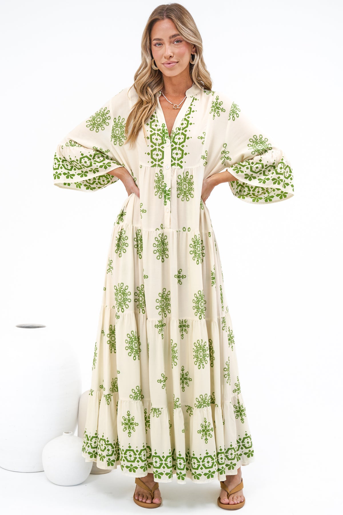 Roux Maxi Dress - Split Neckline Button Placket Tiered Kaftan Dress with Bell Sleeves in Linnea Print Green