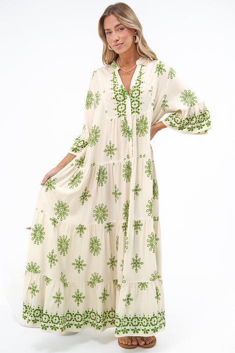 Roux Maxi Dress - Split Neckline Button Placket Tiered Kaftan Dress with Bell Sleeves in Linnea Print Green