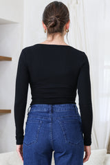 Roxana Top - Ribbed V Neck Long Sleeve Top with Gold Metal Accent in Black