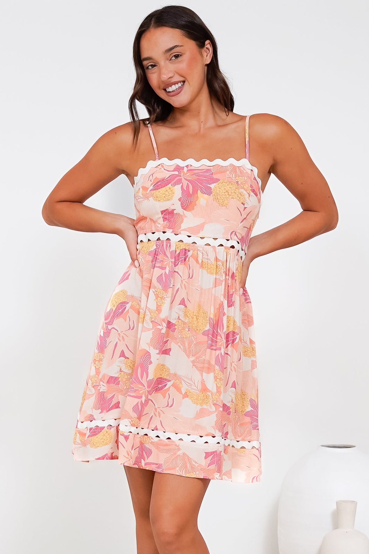 Royce Mini Dress - Cut Out Ric Rac Spliced Sun Dress with Adjustable Straps in Lola Print