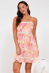 Royce Mini Dress - Cut Out Ric Rac Spliced Sun Dress with Adjustable Straps in Lola Print