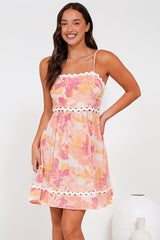 Royce Mini Dress - Cut Out Ric Rac Spliced Sun Dress with Adjustable Straps in Lola Print