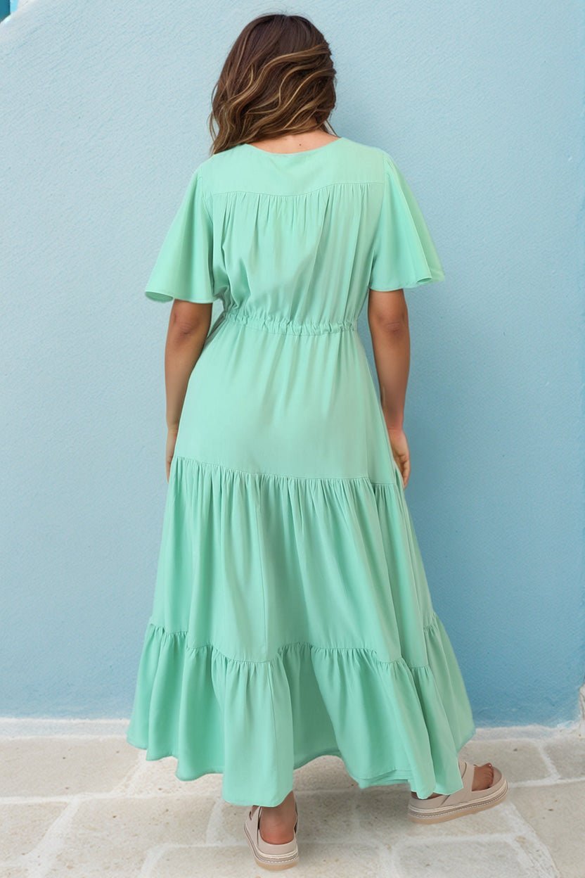 Anya Maxi Dress - Flutter Cap Sleeve Pull Tie Waist Dress in Aqua