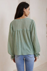 Rubie Blouse - Cotton Pull Over Blouse with Statement Sleeves in Green