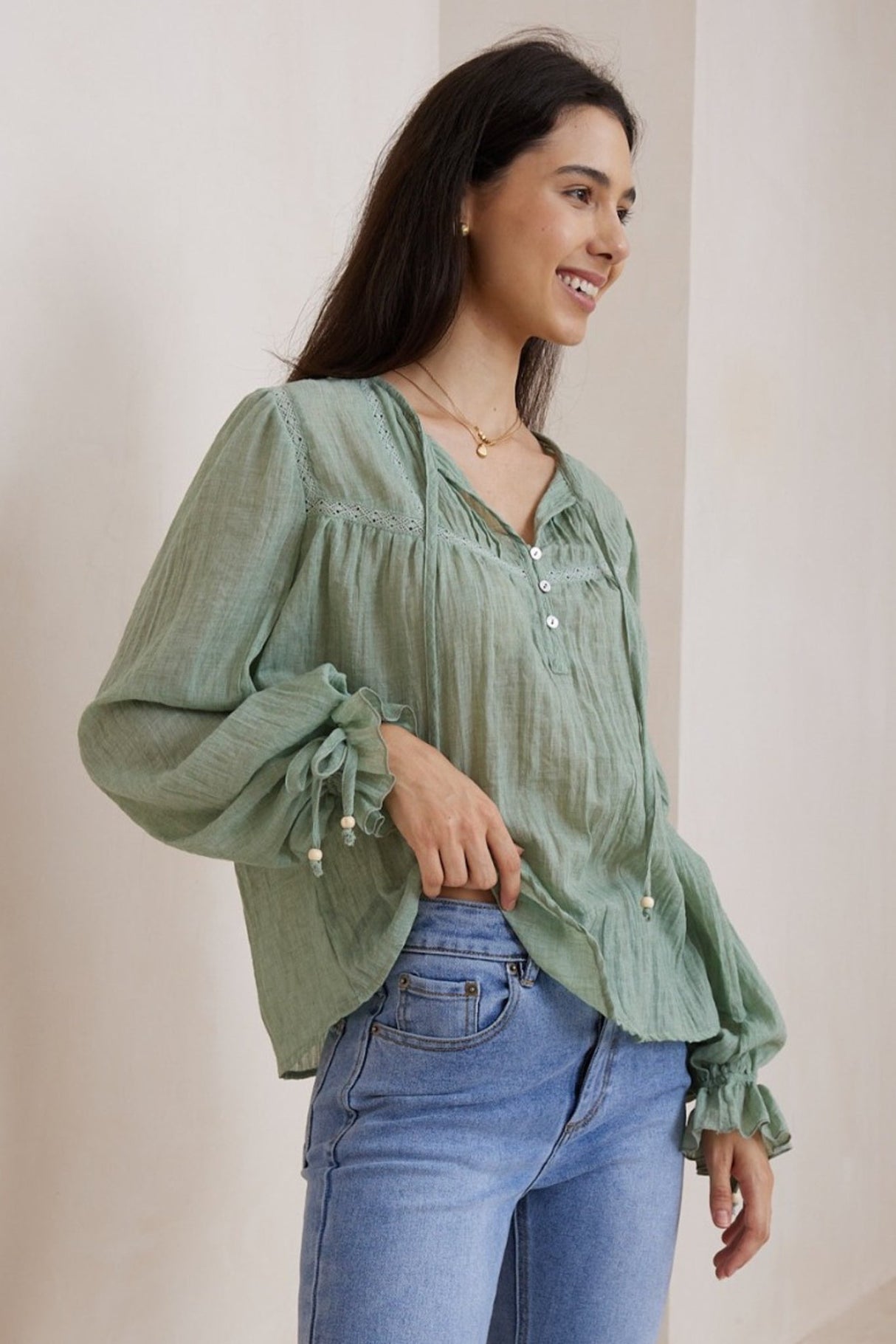 Rubie Blouse - Cotton Pull Over Blouse with Statement Sleeves in Green