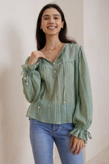 Rubie Blouse - Cotton Pull Over Blouse with Statement Sleeves in Green