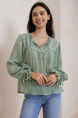 Rubie Blouse - Cotton Pull Over Blouse with Statement Sleeves in Green