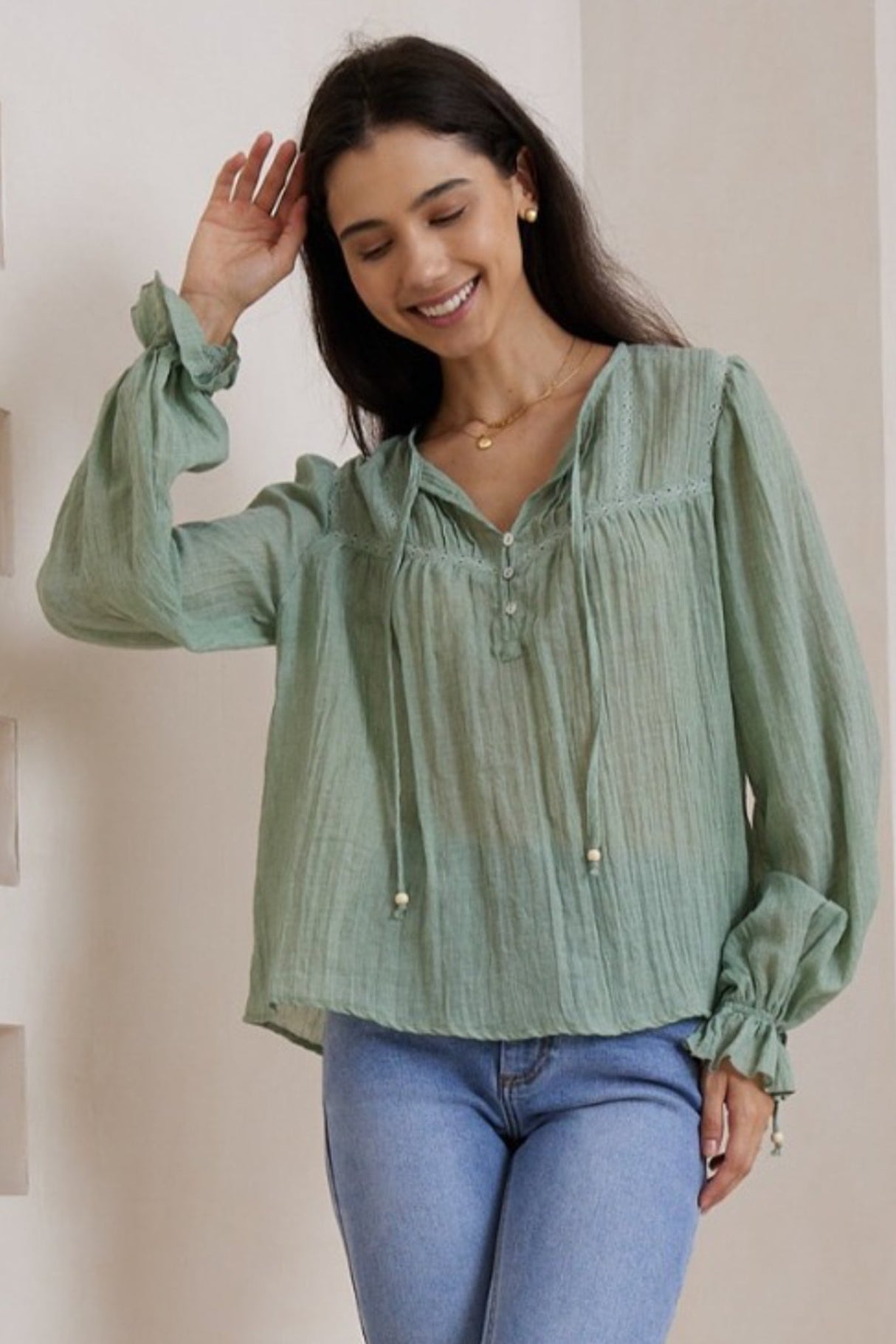 Rubie Blouse - Cotton Pull Over Blouse with Statement Sleeves in Green