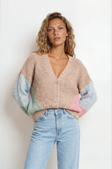 Model wearing Rubina Cardigan in Beige/Pink from Salty Crush
