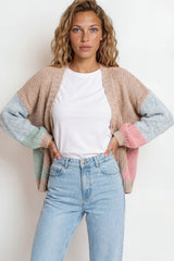 Model wearing Rubina Cardigan in Beige/Pink from Salty Crush
