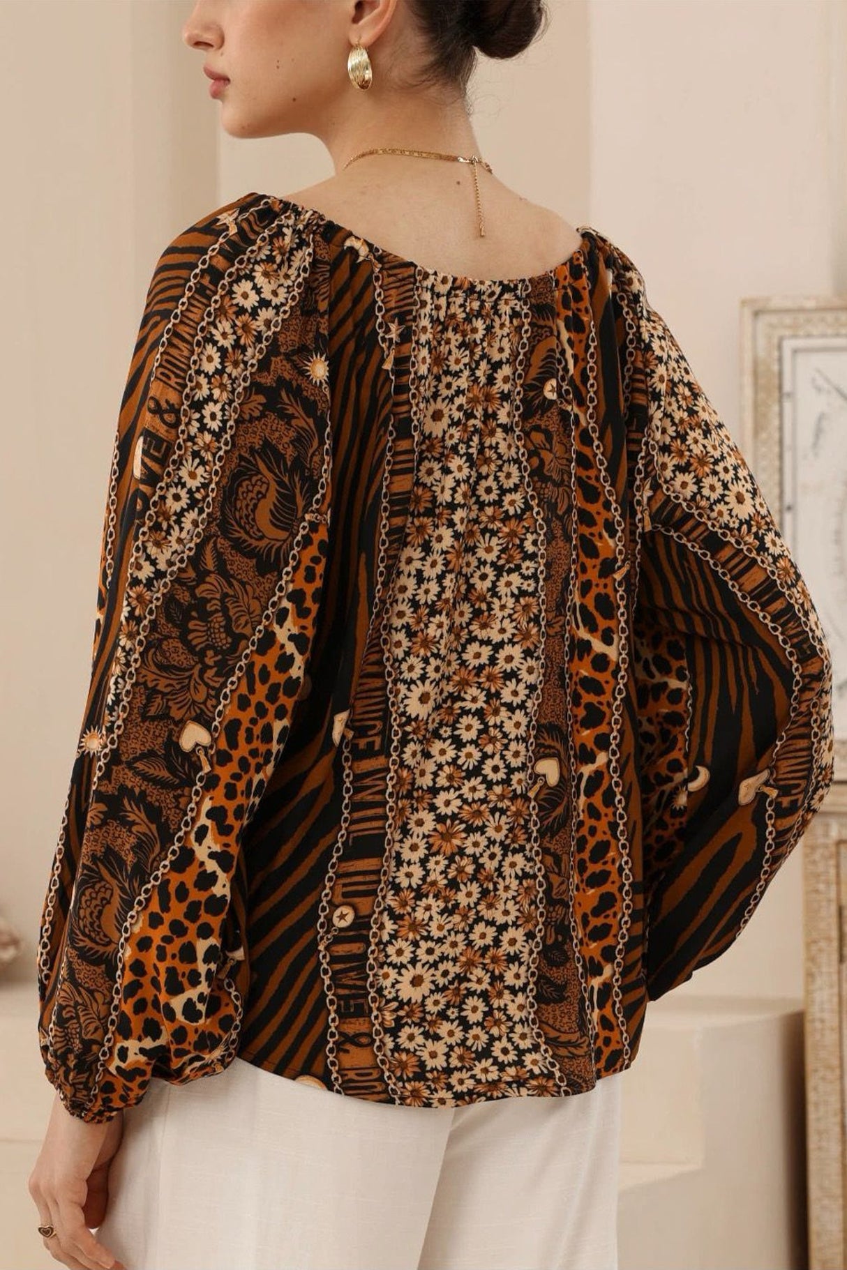 Ruby Blouse - Scoop Adustable Neckline Long Sleeve Blouse in Riley Print