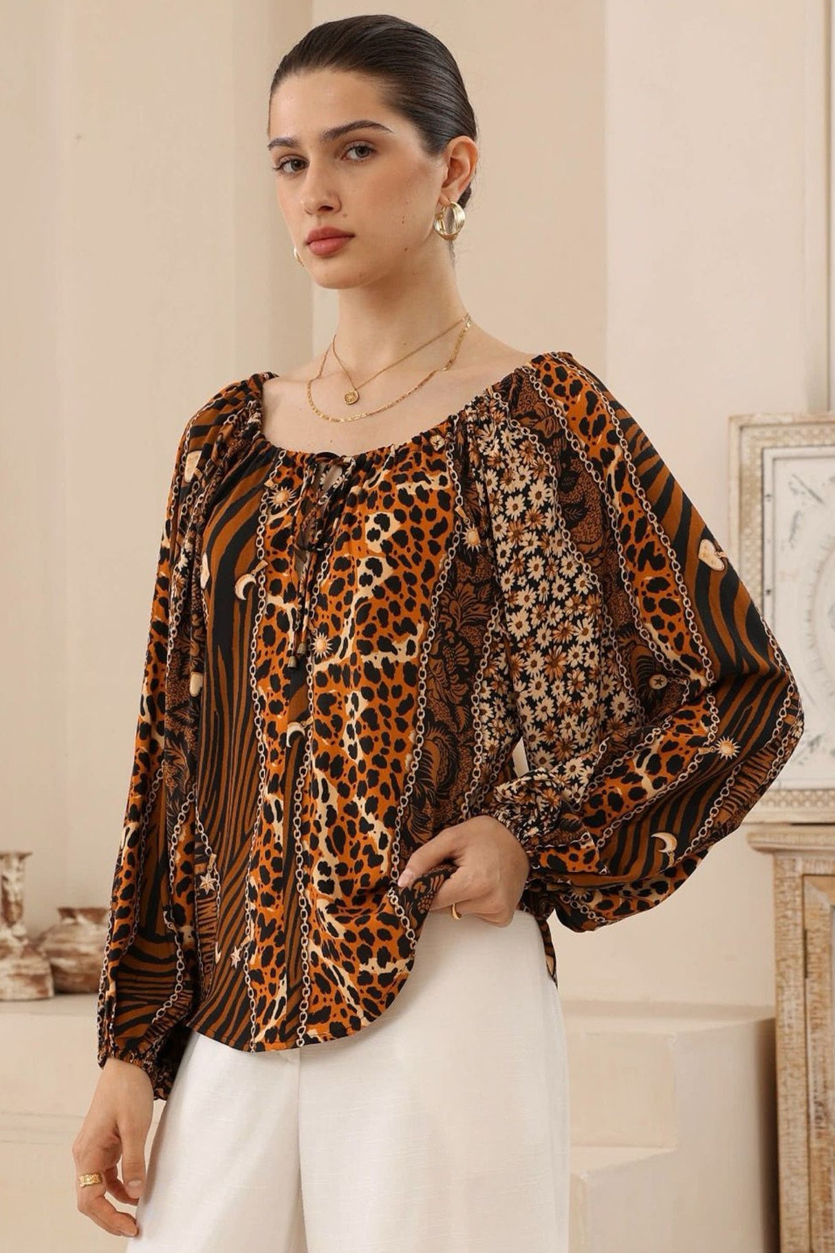 Ruby Blouse - Scoop Adustable Neckline Long Sleeve Blouse in Riley Print