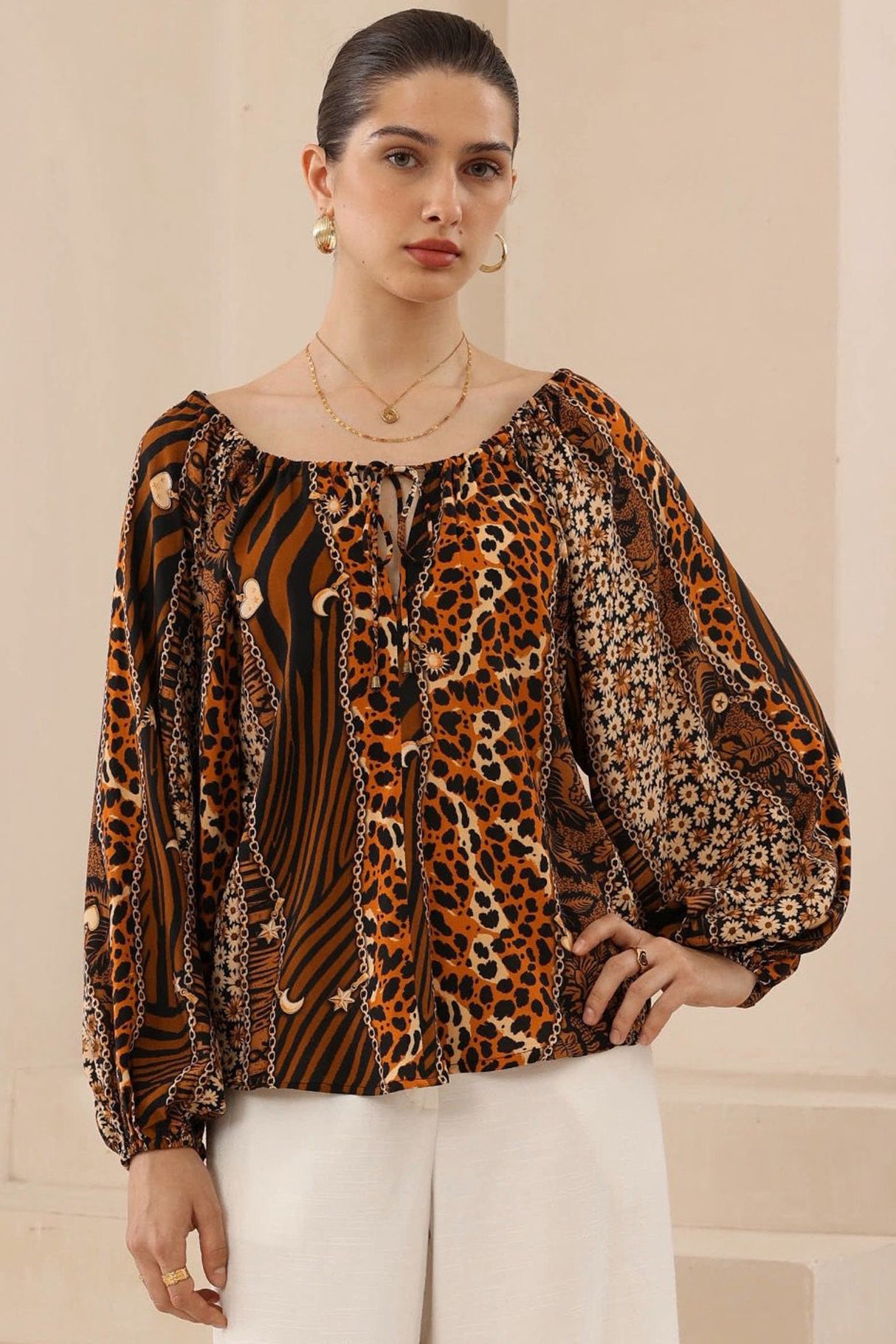 Ruby Blouse - Scoop Adustable Neckline Long Sleeve Blouse in Riley Print