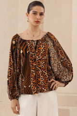 Ruby Blouse - Scoop Adustable Neckline Long Sleeve Blouse in Riley Print