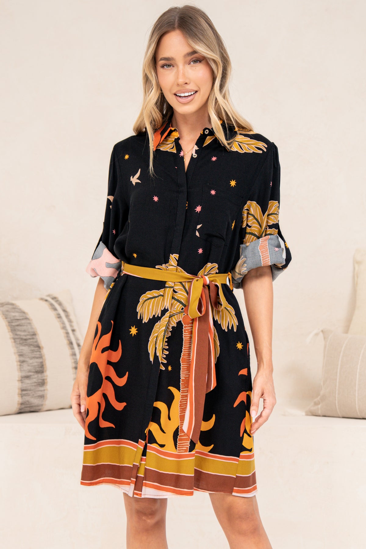 Ruby Mini Dress - Collared Shirt Balloon Sleeve Dress with Matching Belt in Midnight Desert Print