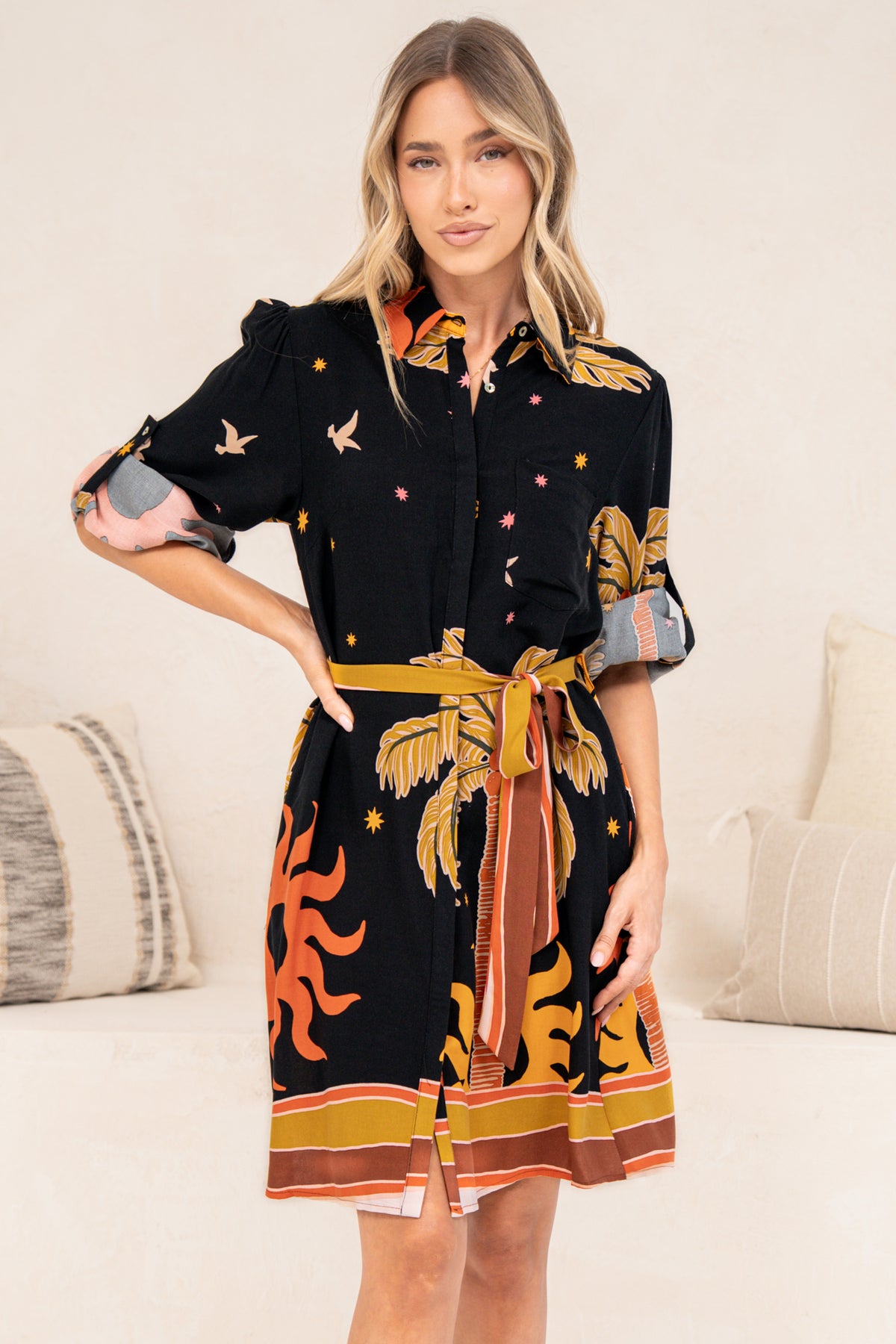 Ruby Mini Dress - Collared Shirt Balloon Sleeve Dress with Matching Belt in Midnight Desert Print