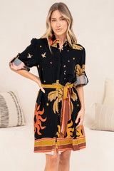 Ruby Mini Dress - Collared Shirt Balloon Sleeve Dress with Matching Belt in Midnight Desert Print