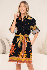 Ruby Mini Dress - Collared Shirt Balloon Sleeve Dress with Matching Belt in Midnight Desert Print