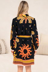 Ruby Mini Dress - Collared Shirt Balloon Sleeve Dress with Matching Belt in Midnight Desert Print