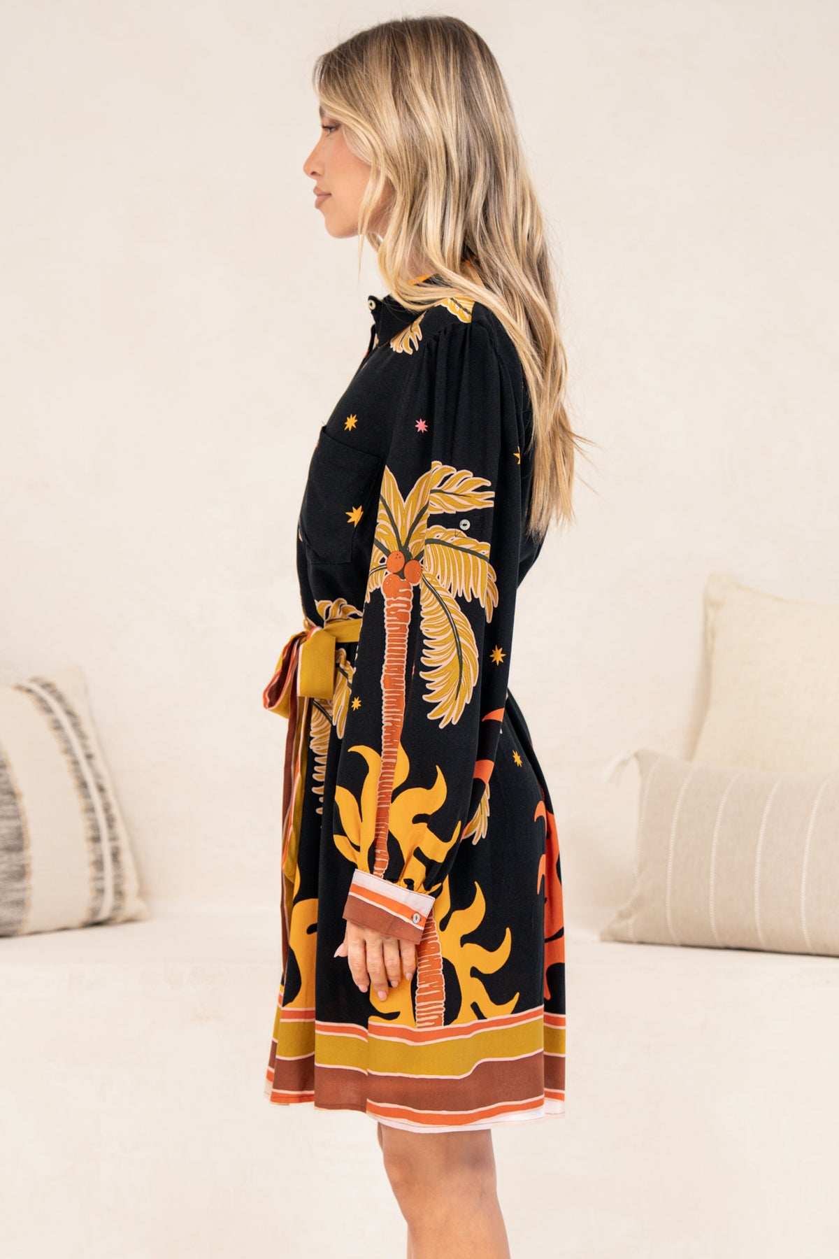 Ruby Mini Dress - Collared Shirt Balloon Sleeve Dress with Matching Belt in Midnight Desert Print