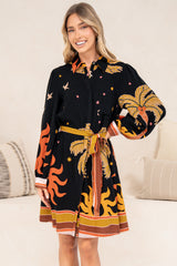 Ruby Mini Dress - Collared Shirt Balloon Sleeve Dress with Matching Belt in Midnight Desert Print