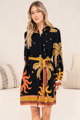 Ruby Mini Dress - Collared Shirt Balloon Sleeve Dress with Matching Belt in Midnight Desert Print