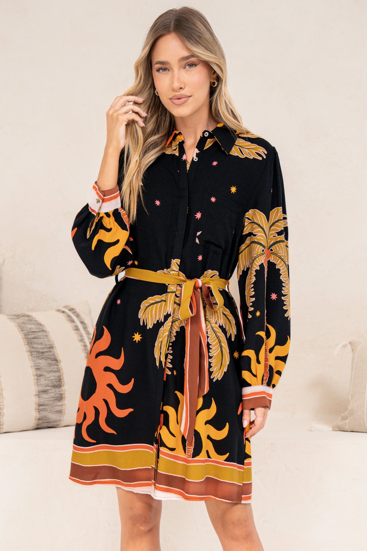 Ruby Mini Dress - Collared Shirt Balloon Sleeve Dress with Matching Belt in Midnight Desert Print