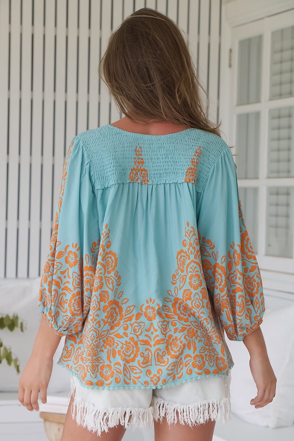 JAASE - Rue Top: V Neck Smock Top with Crochet Trim in Arabian Nights Print