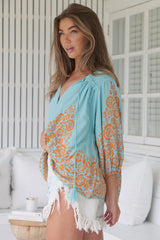 JAASE - Rue Top: V Neck Smock Top with Crochet Trim in Arabian Nights Print