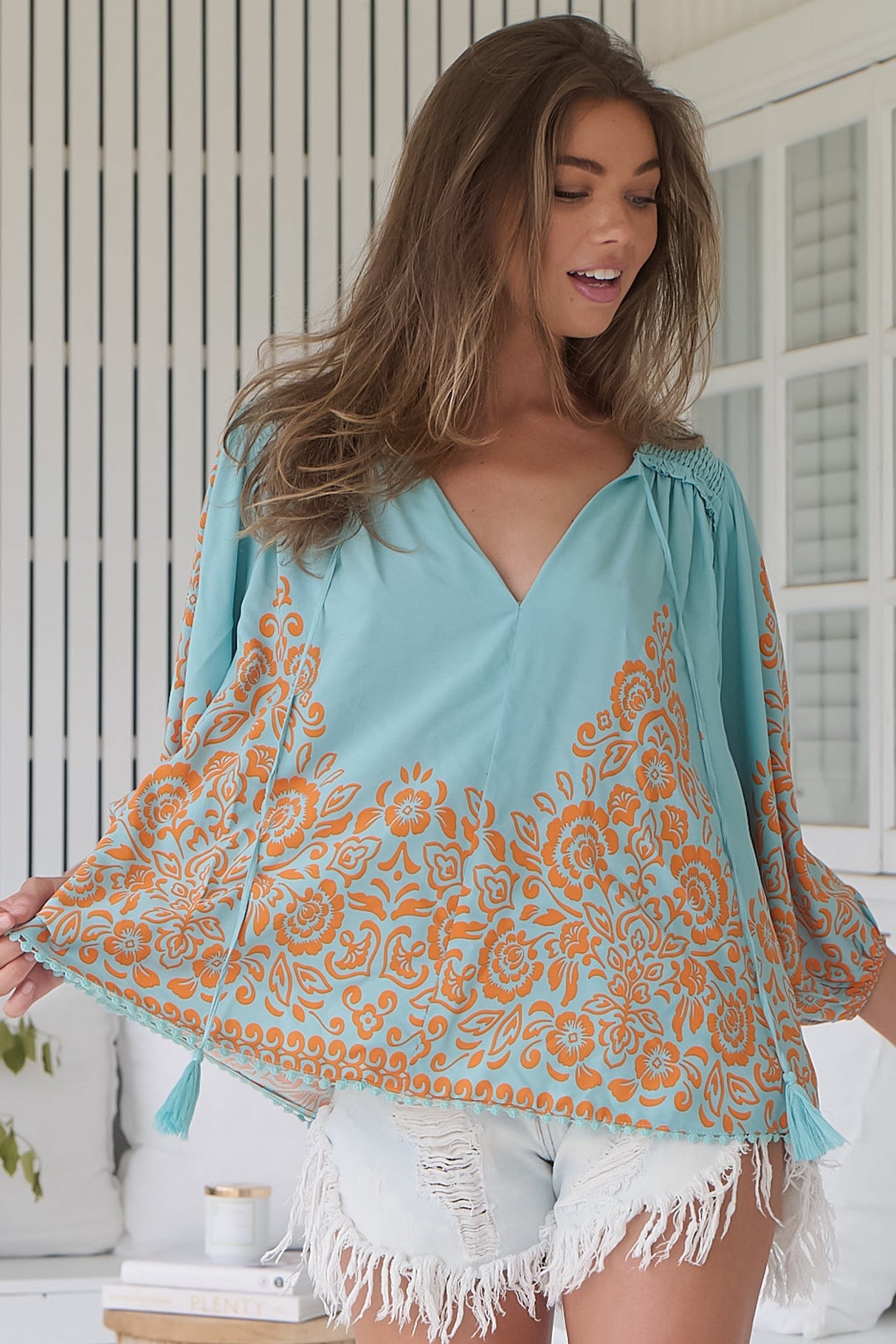 JAASE - Rue Top: V Neck Smock Top with Crochet Trim in Arabian Nights Print