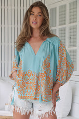 JAASE - Rue Top: V Neck Smock Top with Crochet Trim in Arabian Nights Print