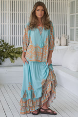 JAASE - Rue Top: V Neck Smock Top with Crochet Trim in Arabian Nights Print