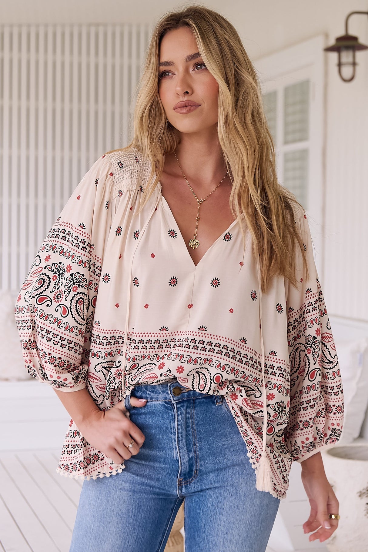 JAASE - Rue Top: Pull Over Top with Neck Tie in Dixie Print