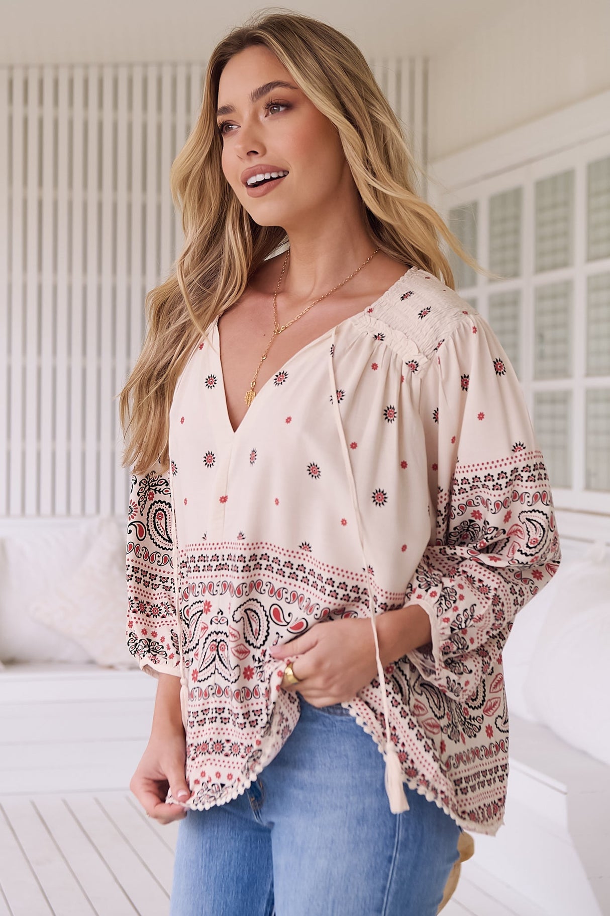 JAASE - Rue Top: Pull Over Top with Neck Tie in Dixie Print