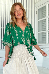 JAASE - Rue Top: V Neck Smock Top with Crochet Trim in Kiva Print