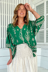 JAASE - Rue Top: V Neck Smock Top with Crochet Trim in Kiva Print