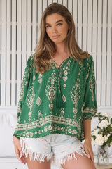 JAASE - Rue Top: V Neck Smock Top with Crochet Trim in Kiva Print