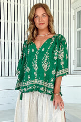 JAASE - Rue Top: V Neck Smock Top with Crochet Trim in Kiva Print