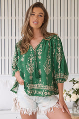 JAASE - Rue Top: V Neck Smock Top with Crochet Trim in Kiva Print