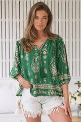 JAASE - Rue Top: V Neck Smock Top with Crochet Trim in Kiva Print