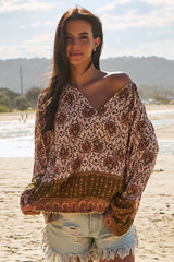 JAASE - Rue Top: Pull Over Top with Neck Tie in Wild Gypsy Print