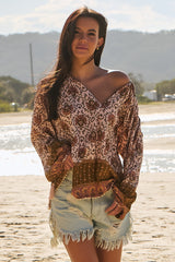 JAASE - Rue Top: Pull Over Top with Neck Tie in Wild Gypsy Print