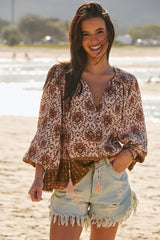 JAASE - Rue Top: Pull Over Top with Neck Tie in Wild Gypsy Print