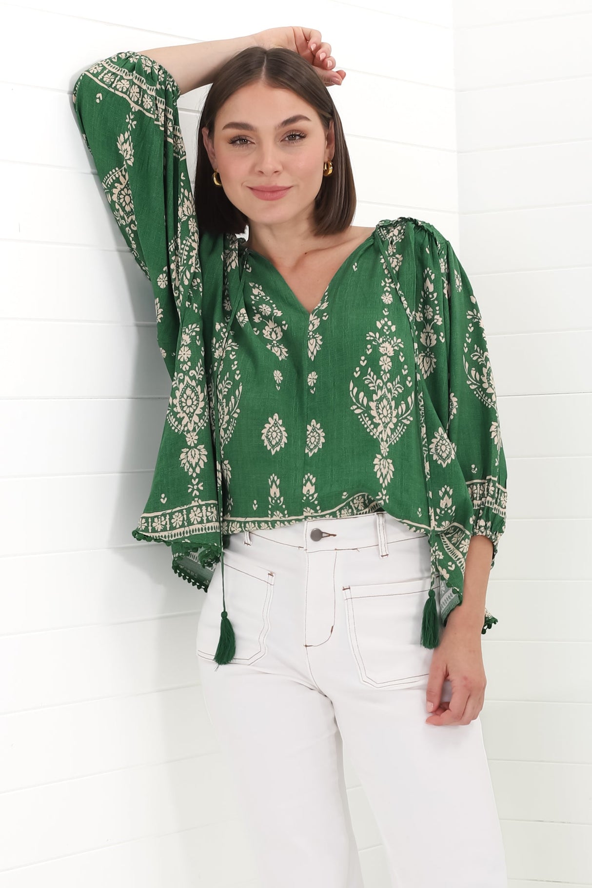 JAASE - Rue Top: V Neck Smock Top with Crochet Trim in Kiva Print